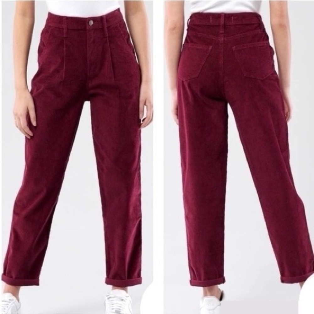 Hollister Ultra High Rise Wide Wale Corduroy Pants Burgundy Wine Pleated Sz 26